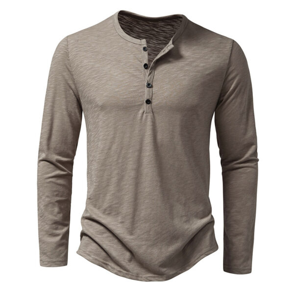 Mens Clothing Long Sleeve T-shirt Fashion Button Henry Collar Tops - Image 2