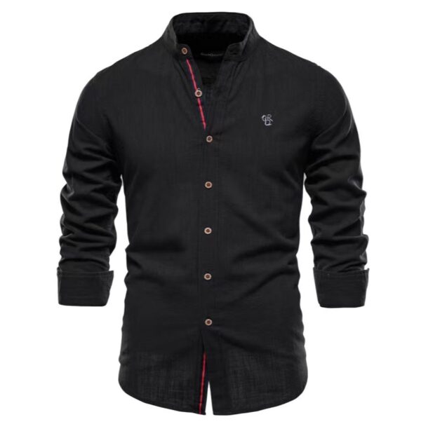 Men's Cotton And Linen Casual Fashion Solid Color Long Sleeve Henley Shirt - Image 2
