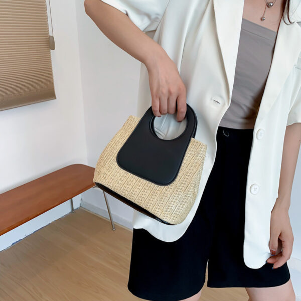 Large Capacity Handmade Summer Retro Color Contrast Patchwork Straw Bag - Image 3