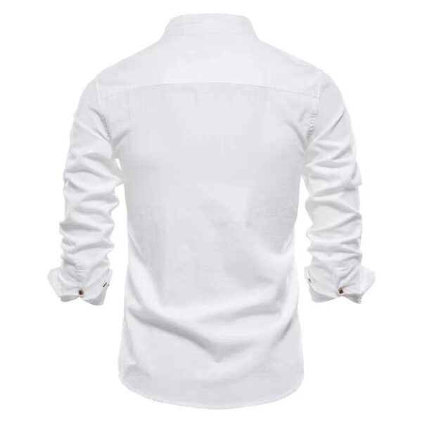 Men's Cotton And Linen Casual Fashion Solid Color Long Sleeve Henley Shirt - Image 3