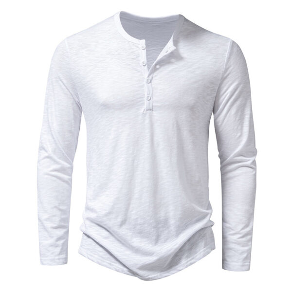 Mens Clothing Long Sleeve T-shirt Fashion Button Henry Collar Tops - Image 3