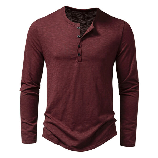 Mens Clothing Long Sleeve T-shirt Fashion Button Henry Collar Tops - Image 5
