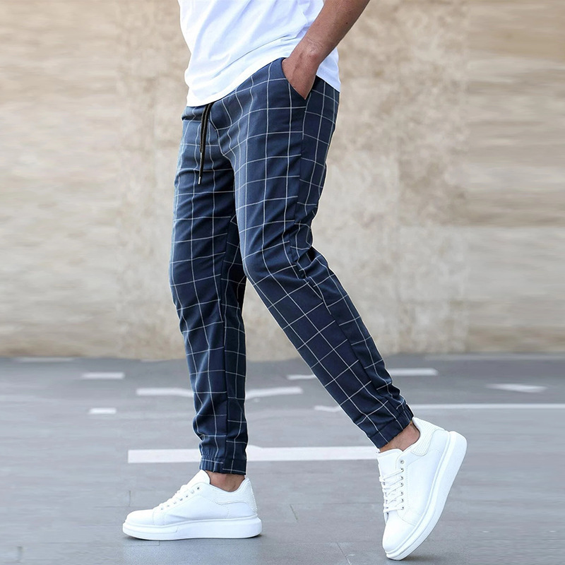 Fashion Plaid Print Pants Casual Drawstring Trousers Men's Clothing - Image 5
