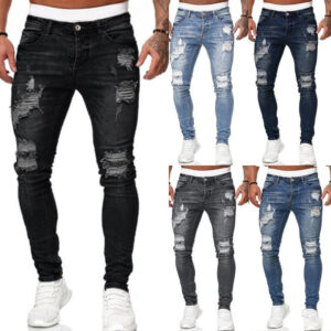 Men's Street Style Ripped Skinny Jeans, Solid Color Vintage Denim Pants, Casual, Slim Fit