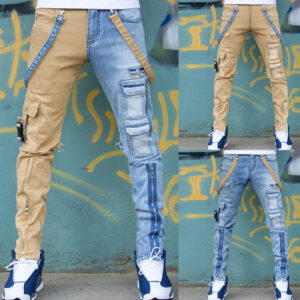 Color Block Wash Jeans Men's Trendy Slim Straight-leg Pants