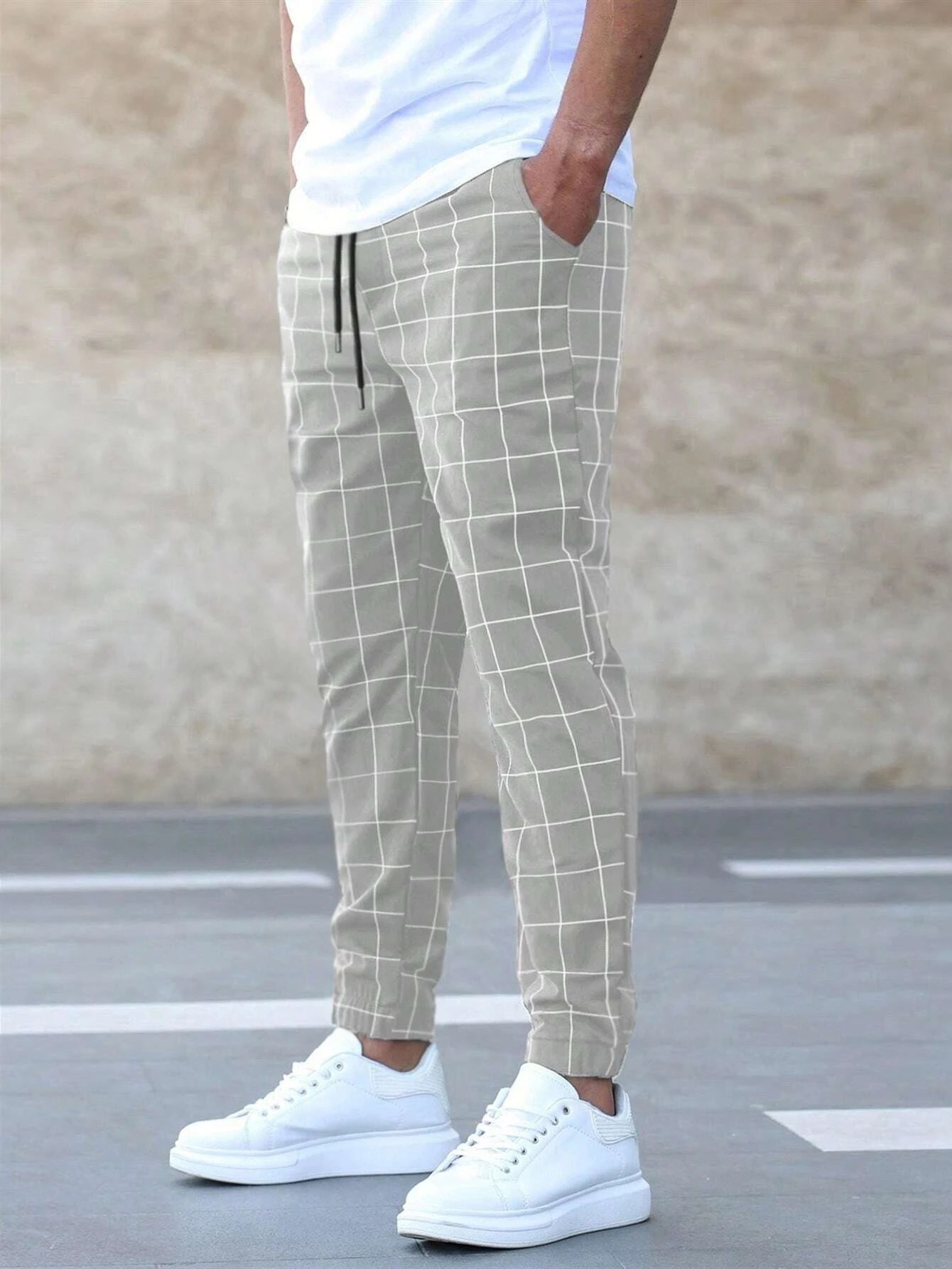 Fashion Plaid Print Pants Casual Drawstring Trousers Men's Clothing - Image 3