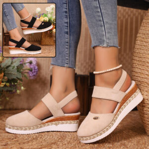 Hemp Rope Wedges Sandals Summer Lightweight Braided Closed Toe Elastic Band Shoes For Women