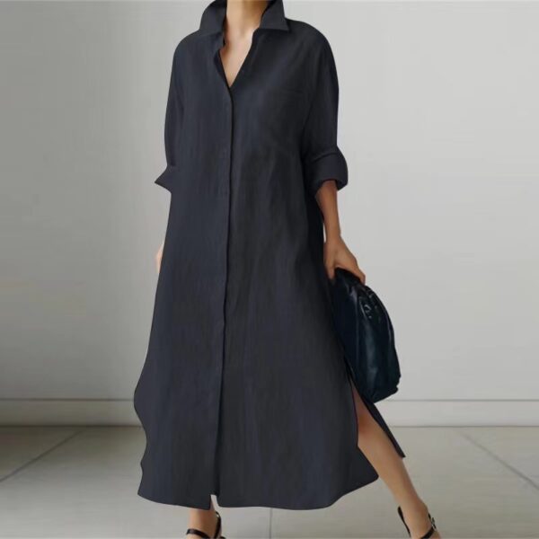 Women's Slit Shirt Dress Solid Color Long-sleeved Cardigan Irregular Long Dress - Image 3