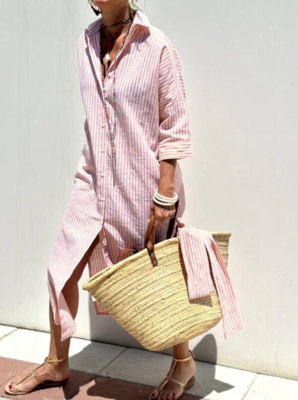 Striped Shirt Dress With Belt Fashion Half-sleeved Lapel Button Cardigan Dresses Women's Clothing - Image 6