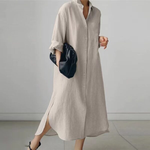 Women's Slit Shirt Dress Solid Color Long-sleeved Cardigan Irregular Long Dress - Image 5