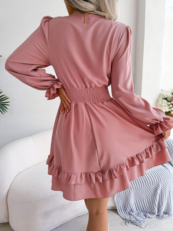 Summer Dresses Solid Color V-neck Long Sleeve Dress For Women Sexy V-neck Lace Up A-line Dress Women's Beach Dress - Image 8