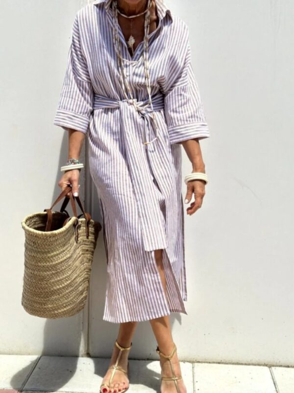 Striped Shirt Dress With Belt Fashion Half-sleeved Lapel Button Cardigan Dresses Women's Clothing - Image 4