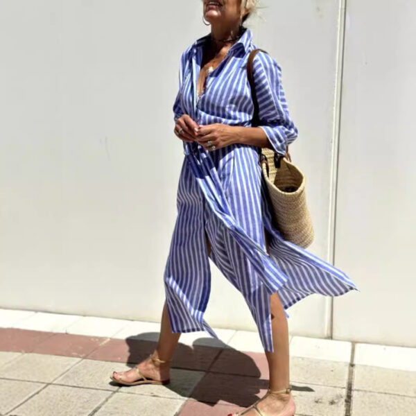 Striped Shirt Dress With Belt Fashion Half-sleeved Lapel Button Cardigan Dresses Women's Clothing - Image 7
