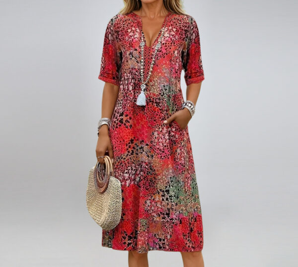 Summer V-neck Half-sleeved Dress With Pockets Fashion Ethnic Print Dresses Beach Holiday Clothing For Women - Image 4